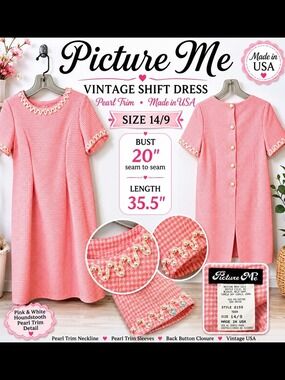 Vintage Picture Me Pink Houndstooth Shift Dress Pearl Trim Size Teen 14/9